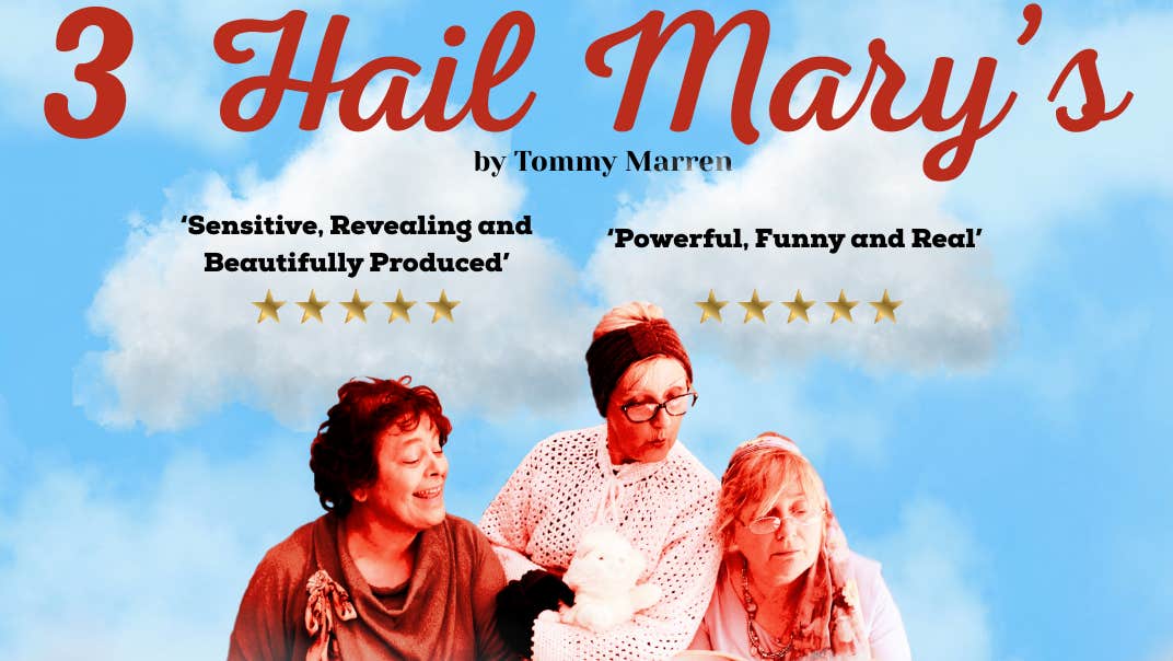 3 Hail Marys - An Táin, 3 older women looking down at a book one is holding open, against blue sky with white clouds.