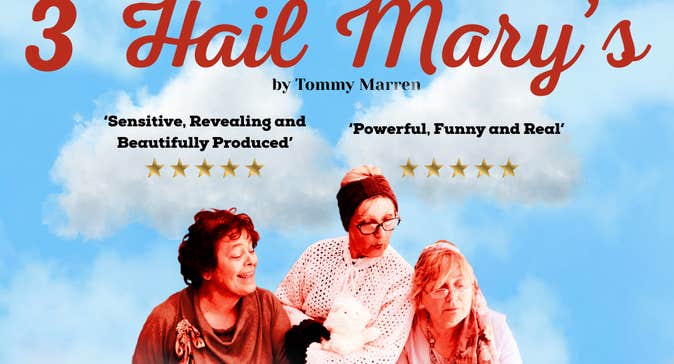 3 Hail Marys - An Táin, 3 older women looking down at a book one is holding open, against blue sky with white clouds.