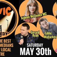 Poster for comedy night with 5 circular photos of different people