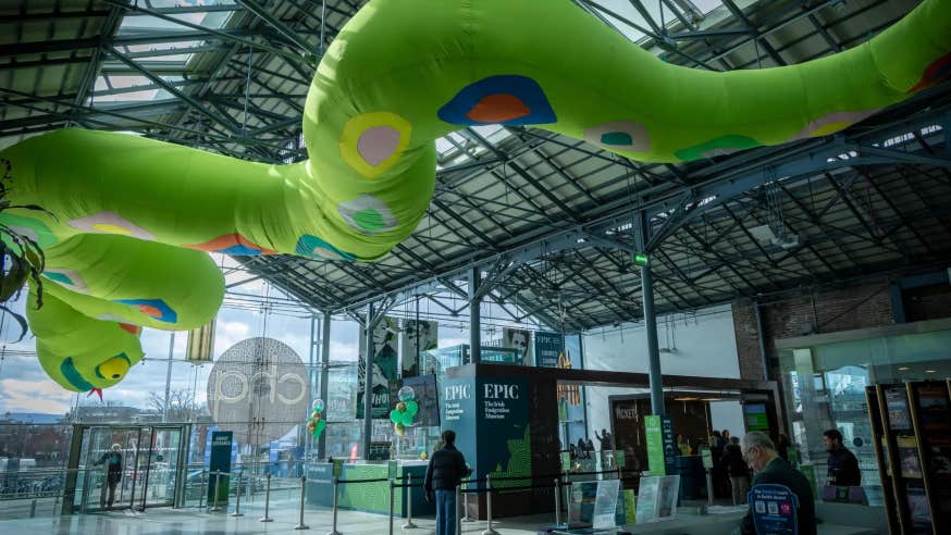 Giant green inflatable snake hanging from the ceiling of the CHQ building, ready for St Patrick's weekend activity