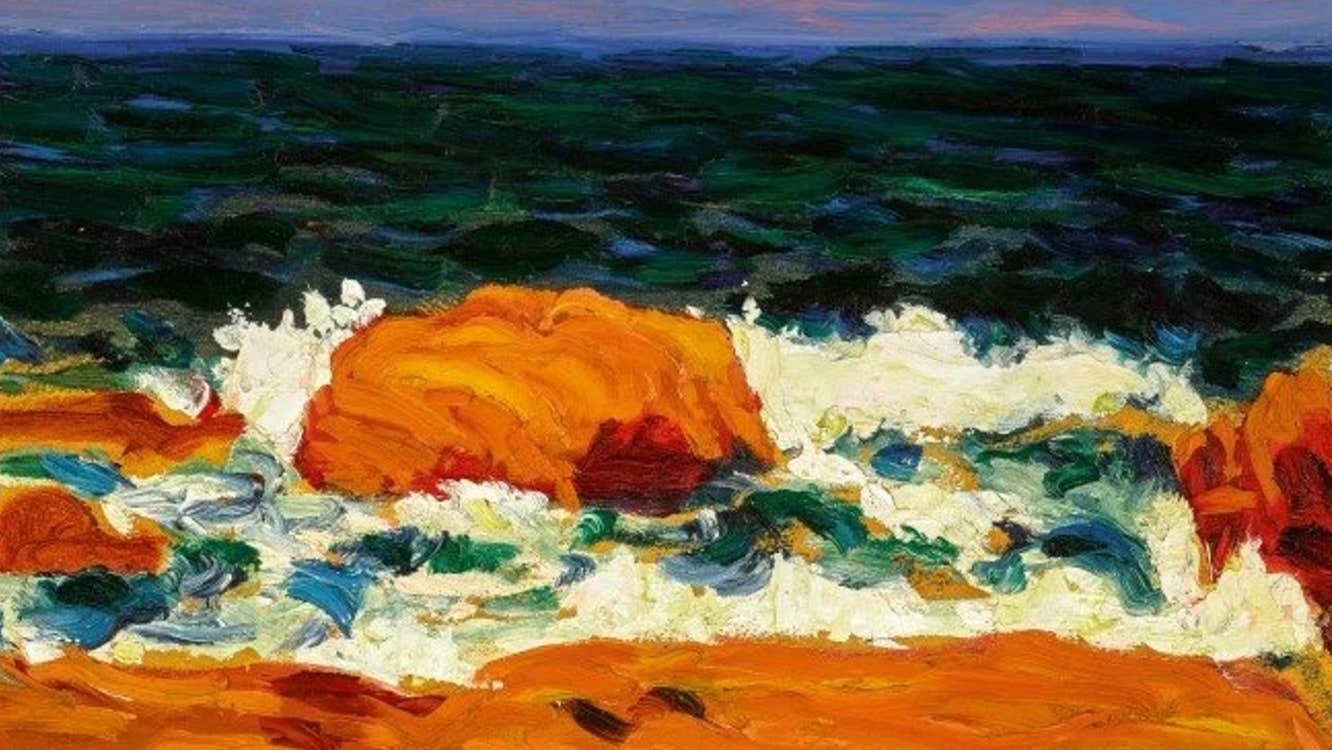 A painting of waves breaking on a shore.