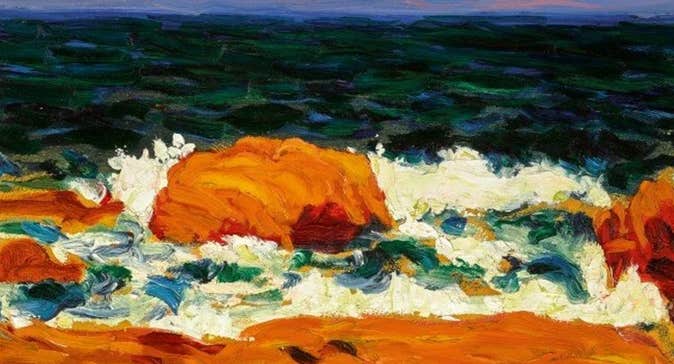 A painting of waves breaking on a shore.