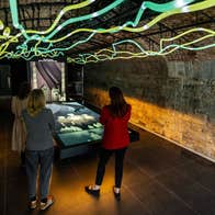 An interactive display table in a stone vaulted room with illuminated rope lighting along the ceiling