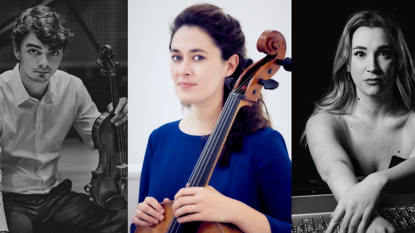 Eoin Ducrot with a violin, Aoife Burke with a cello and Chiara Opalio at a piano.