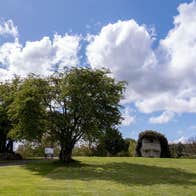Green field with a giant head poking up from the ground holding a very tall spear