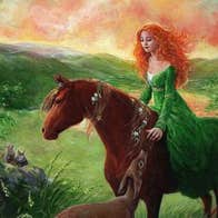 The Folklore, Fables and Legends of Lough Gur, a painting of a woman on horse back reaching a hand down to a small deer.