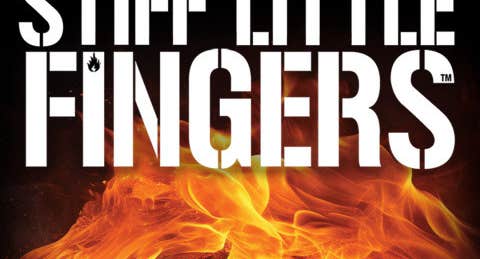 Orange flames with white text above.