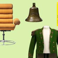 Composite image of artefacts featured on this tour including a brown swivel chair, green military jacket and a large bell.