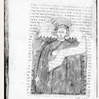 Faded picture of old manuscript with fancy text and picture of ancient person