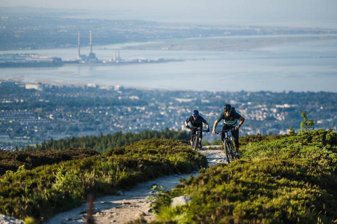 Two mountain bikers on a mountain trail