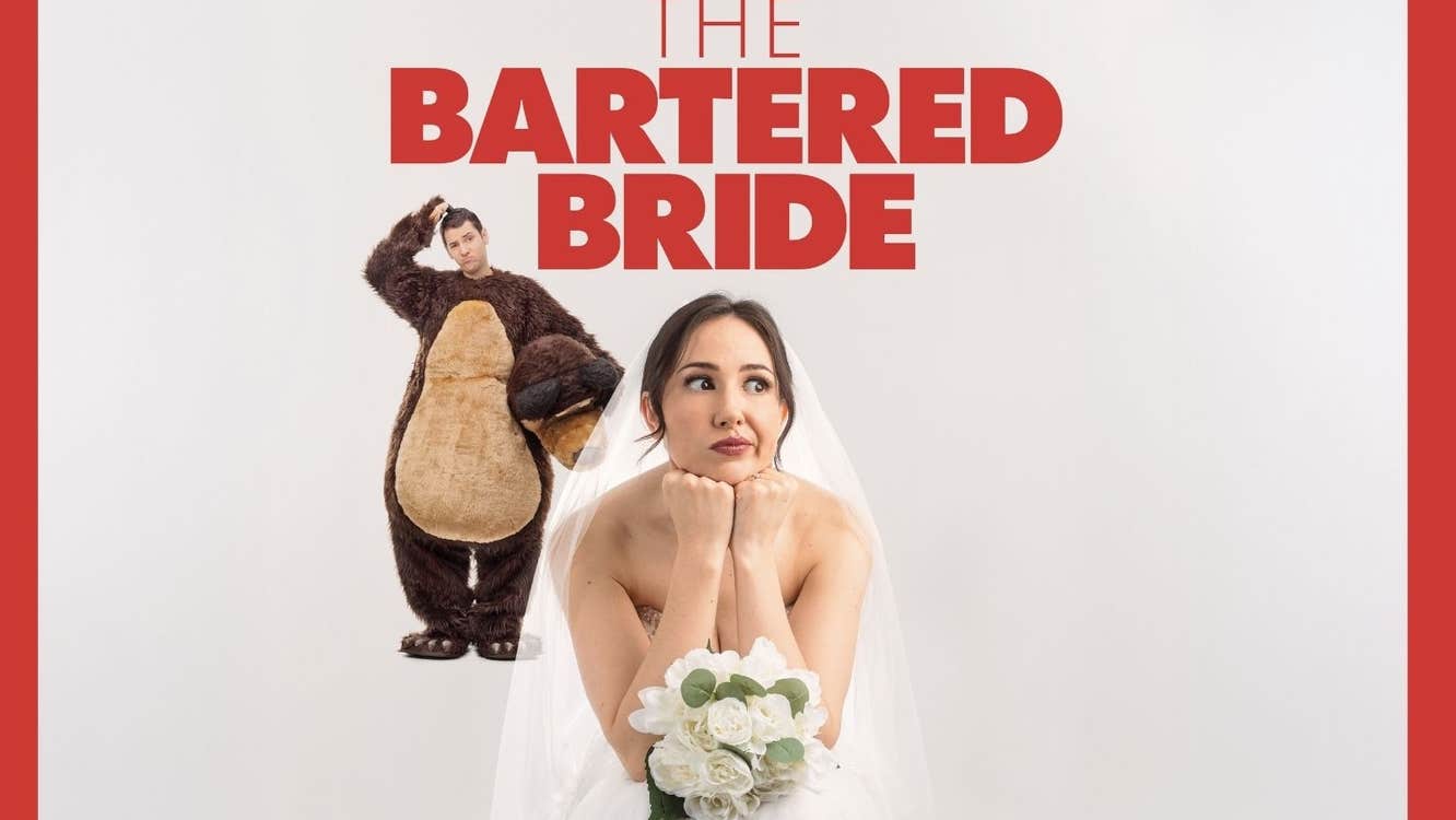 A woman in a bridal gown with bouquet of flowers looking thoughtful with man behind in a brown furry bear costume, scratching his head.