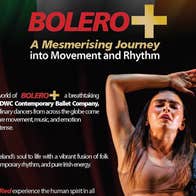 Part of poster for BOLERO+ Live in Dublin 15-17 July with a woman dancing, holding one leg vertically up beside her body.