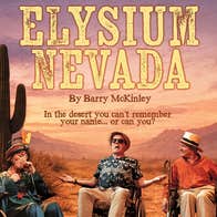 Elysium Nevada by Barry McKinley - an orange tinted view of a desert with 3 in wheelchairs