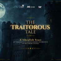 A dark castle under a full moon with text: “A Traitorous Tale, A Ghoulish Feast. An immersive Samhain dining experience.” Ireland’s Home of Halloween, Malahide Castle, and Explore Fingal logos are featured.