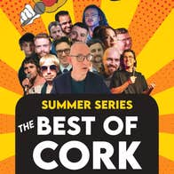 Poster with sunburst background with small collage of faces of various comedians in centre with large text