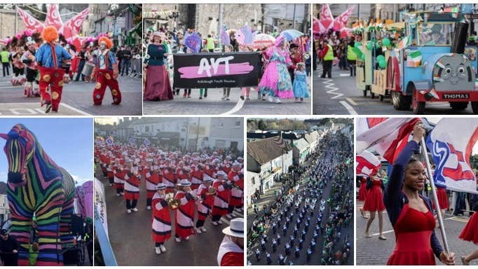 A vibrant collage that captures the colour and creativity of the Celbridge St. Patrick’s Day Parade.
