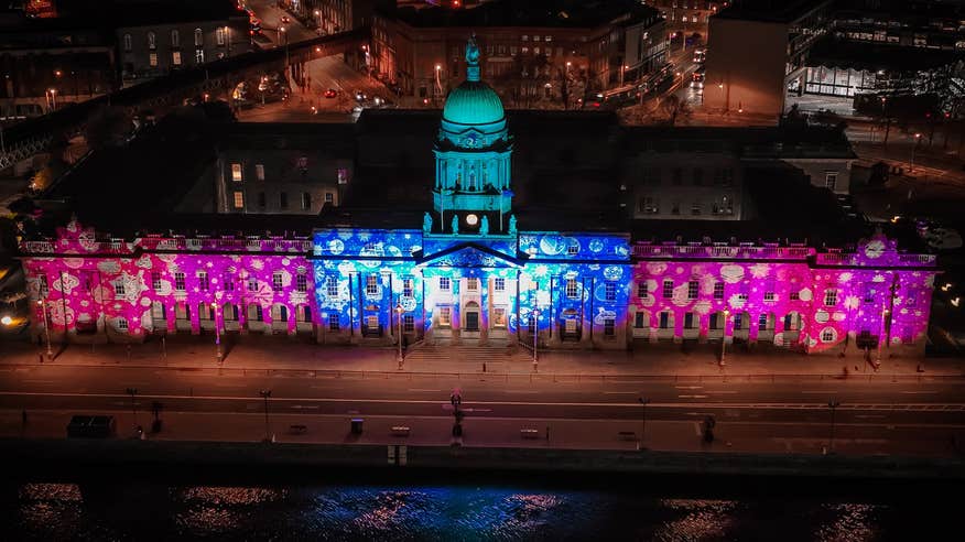 Aerial view of Dublin Winter Lights on Custom House in Dublin city