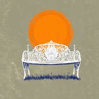 An illustrative poster for the play, Meredith, featuring a white park bench against a large orange sun and grey background.