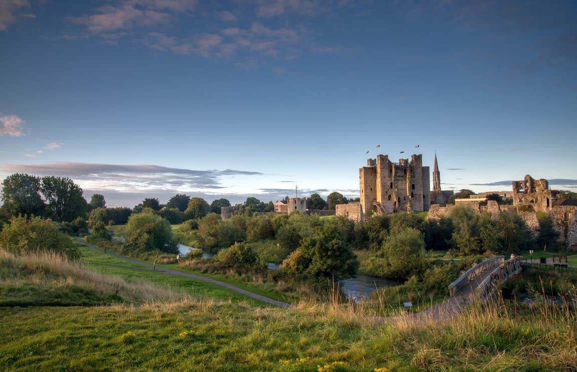 Dusk at Trim Castle in Meath surrounded by green hills