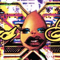 Egg with makeup on a colourful X Factor background