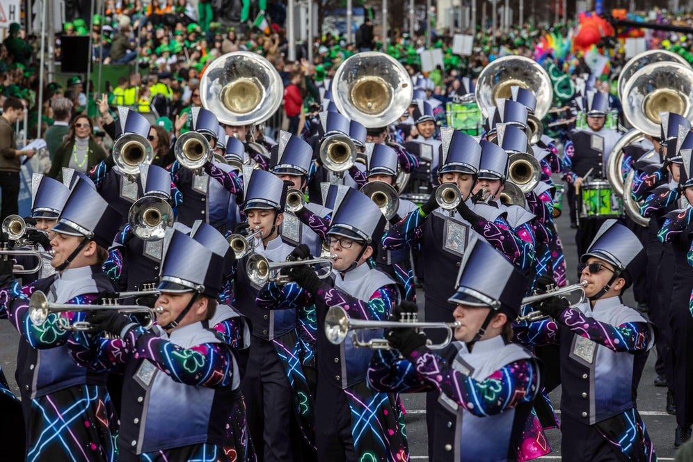 Marching band performing at St Patrick's Festival in Dublin.