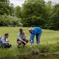 Children and adults examining a pond edge at Turlough Park