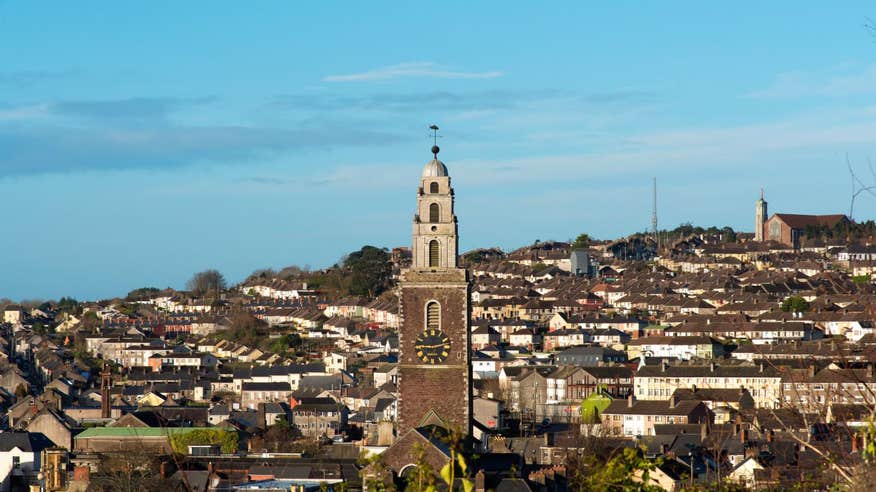 Rooftops below Shandon Bells Tower, St Anne's Church, Cork City, Co. Cork on a sunny day.