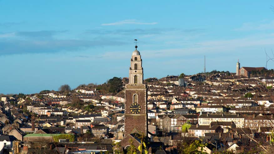 Rooftops below Shandon Bells Tower, St Anne's Church, Cork City, Co. Cork on a sunny day.