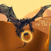 Cartoon type image of large black dragon with longs wings, flying over brown hills with large gold ring in its claw.