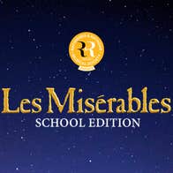 Les Misérables text in gold, with Scool Edition in white text underneath, both backed on a navy blue background. The Rathmines & Rathgar Musical society logo is above the text.