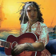 Drawing of person with black hair playing a guitar with ancient ship at sea in the background and a tall white lighthouse.