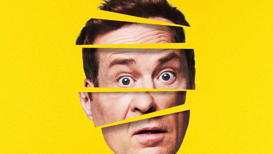 A man's face looking shocked split up into 5 horizontal separate pieces, against bright yellow background.
