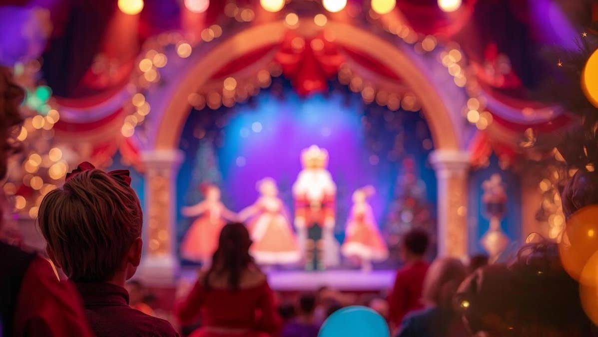 Blurred view of an ornate stage with nutcracker figure and 4 dancers, with rear view of child's head in foreground.