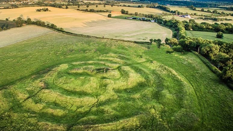 A large green field viewed from above with circular mounds visible as lighter shade of green.