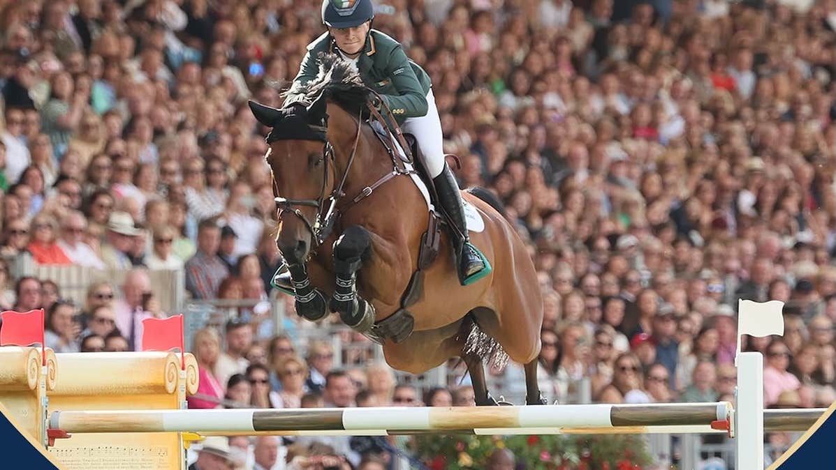 RDS Dublin Horse Show 2026 - a horse and rider in full flight over a jump with large full arena stand in the background.