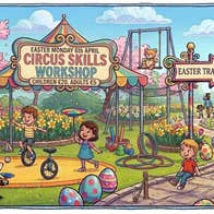 Easter Circus Workshop & Trail, cartoon image of children in a park at a playground.