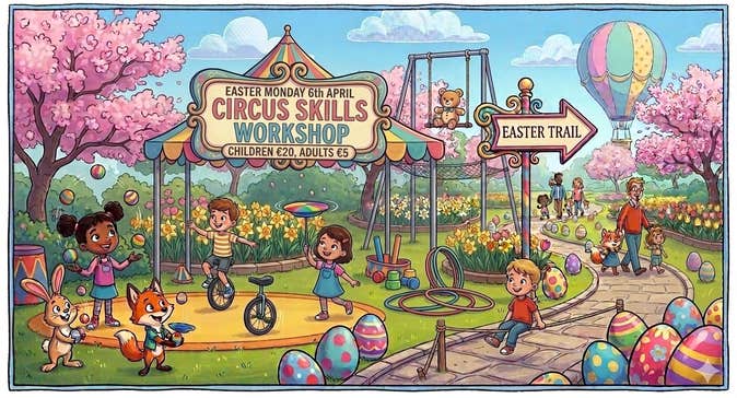 Easter Circus Workshop & Trail, cartoon image of children in a park at a playground.