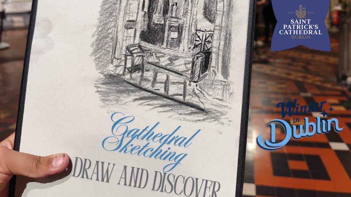 Hand holding image of sketch made at Cathedral Sketching