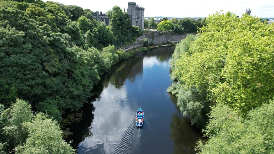 Aerial image of a boat trip sailing down the River Nore in County Kilkenny.