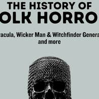 Seed Talk, The History of Folk Horror - grey poster with part of dark skull with chainmail hat