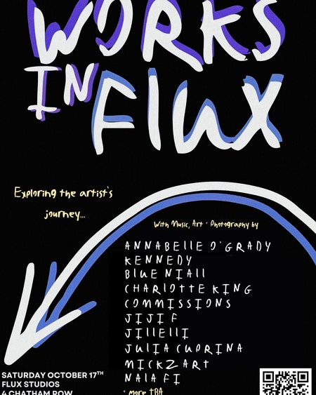 Black poster with purple handwritten-style with artists names