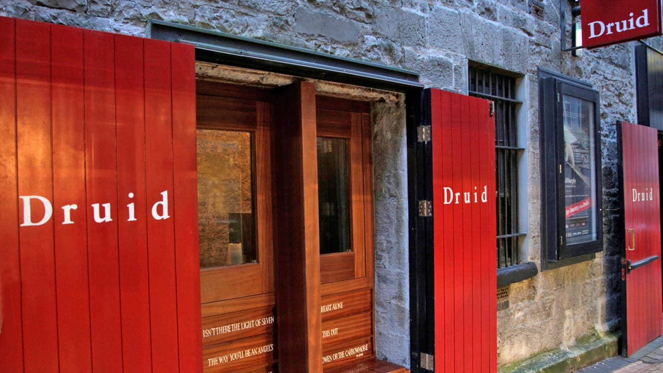 Druid Theatre entrance with red doors on Druid Lane in Galway