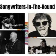 Poster for Songwriters in the Round with 4 different black and white photos of musicians, some performing.