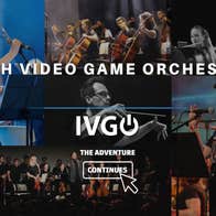 Promo collage for Irish Video Game Orchestra (IVGO). Singer with microphone, cellists playing, wind section, conductor mid-gesture, singer in cowboy hat, and a group photo on stage. Text reads "The Adventure Continues."