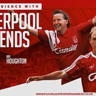 An Audience with Liverpool Legends, 2 different men in red football strips with arms outstretched, on red background with white event text.