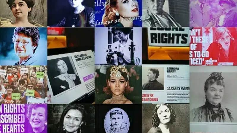 Collage of lots of small pictures of different famous women through history, some with text.