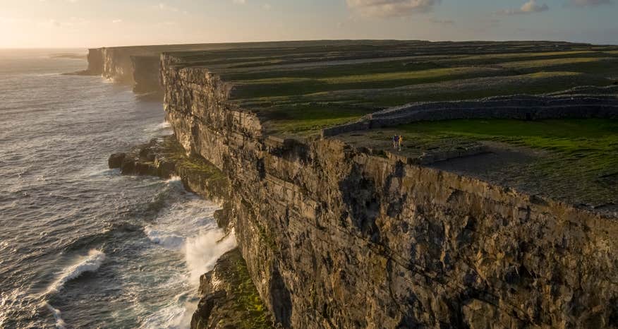 Aerial image of people at Dun Aengus on Inishmore Island, County Galway