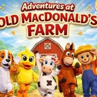Adventures on Old MacDonald's Farm, lineup of 5 people in different animal costumes with cartoon farm background.