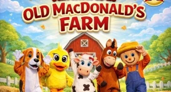 Adventures on Old MacDonald's Farm, lineup of 5 people in different animal costumes with cartoon farm background.