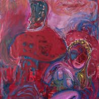 An abstract painting of a pink and red crouching figure with golden yellow hair. In the background are abstract shapes in deep red, pink and blue.